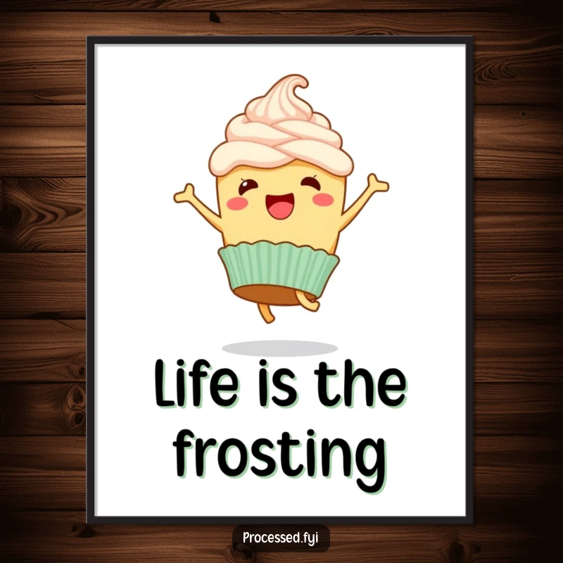 Funny Free Printable Wall Art: A happy cupcake with frosting, performing a joyful cartwheel, perfect for sweet and playful decor.