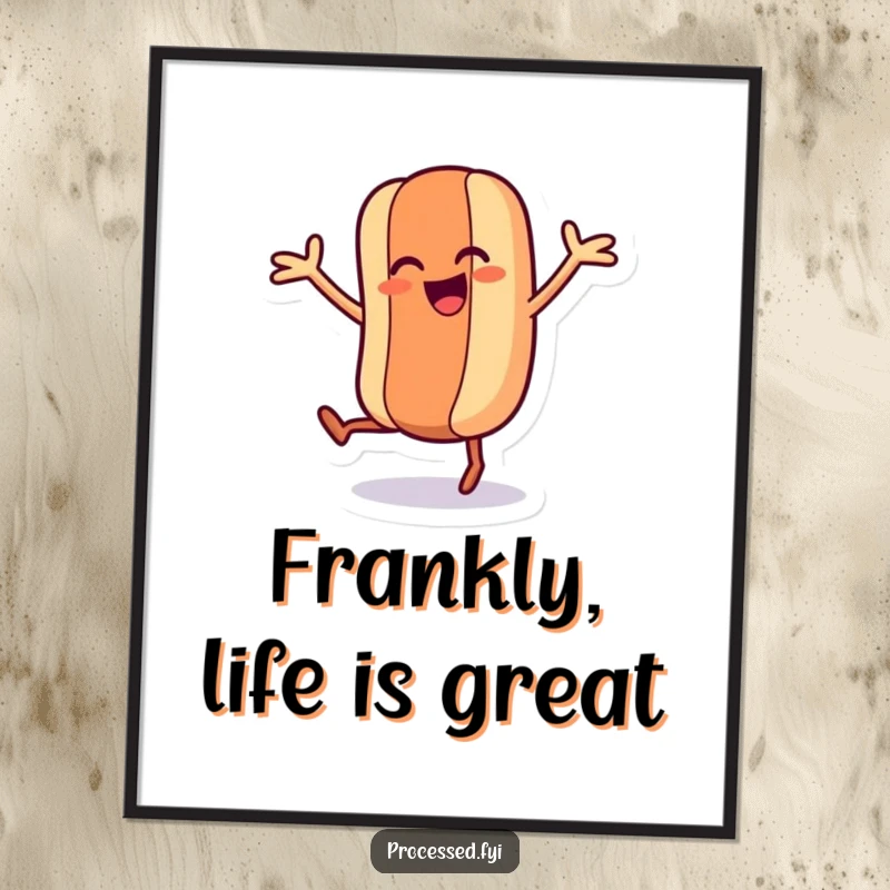 Funny Free Printable Wall Art: Hot dog character enthusiastically dances with wiggling arms and legs.