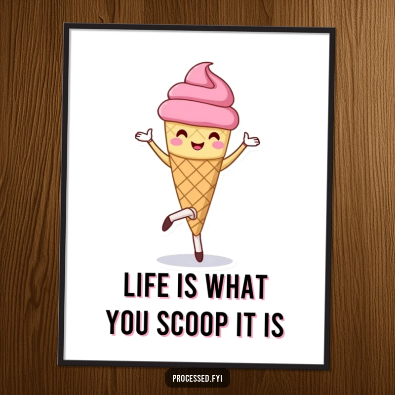 Funny free printable wall art of a cheerful ice cream cone in mid-pirouette, adding a playful and artistic touch.