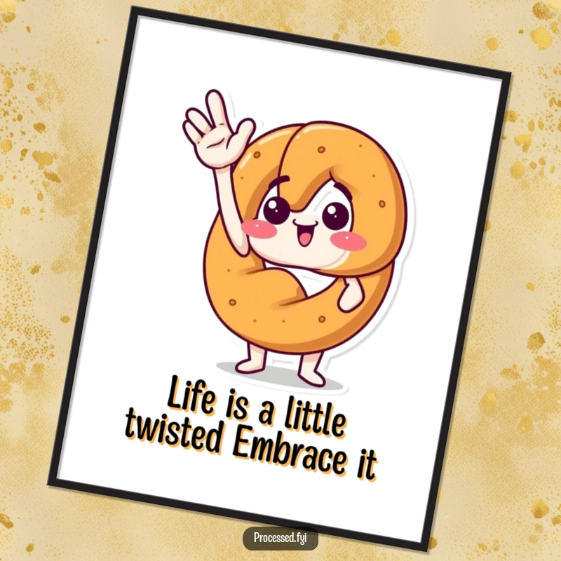 Funny free printable wall art of an anthropomorphic pretzel waving energetically, bringing a dose of quirky fun to any room.