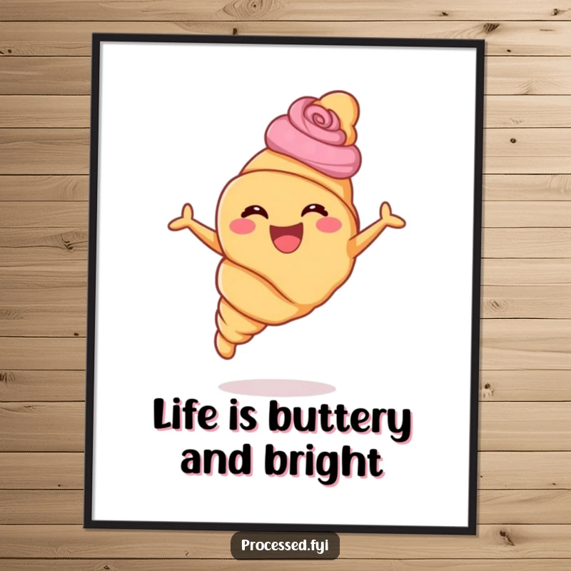 Funny Free Printable Wall Art: A happy croissant with pastry swirls leaping for joy, bringing smiles to any wall.