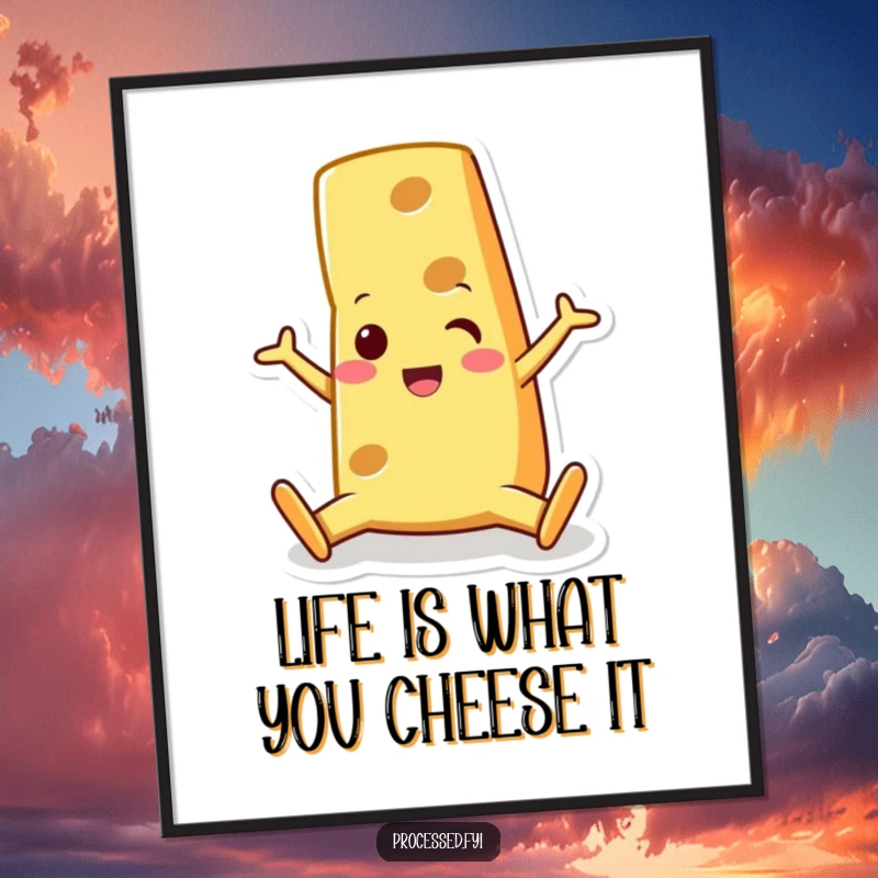 Funny Free Printable Wall Art: A happy cheese wedge character doing a split with a surprised grin, looking delightfully silly.