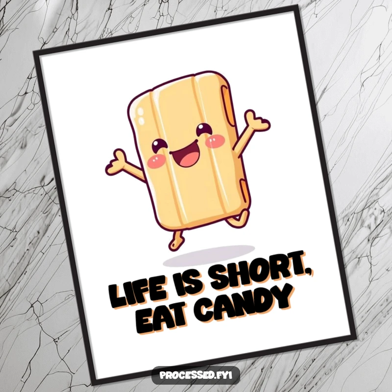 Funny Free Printable Wall Art: A candy bar wiggling excitedly inside its wrapper, captured mid-jump, adding playful decor.