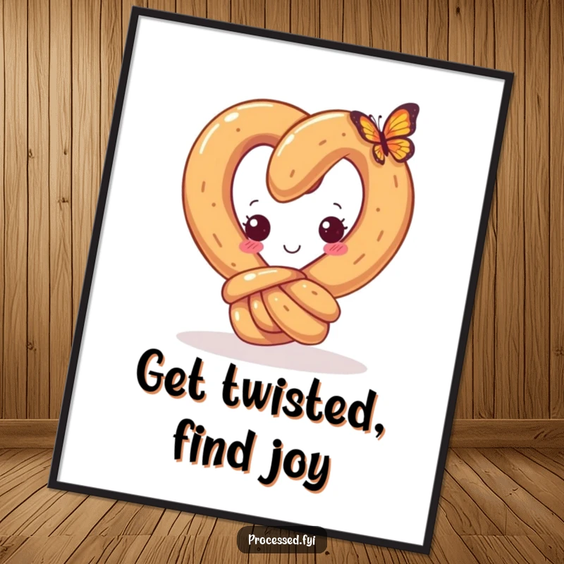 Funny Free Printable Wall Art: A curious pretzel with a happy knot intently observing a tiny, delicate butterfly.