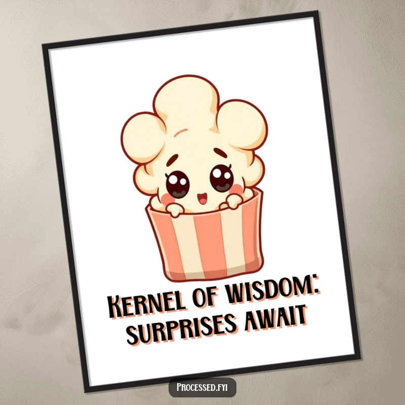 Funny free printable wall art: a shocked popcorn kernel character exploding from a bag with wide-eyed surprise.