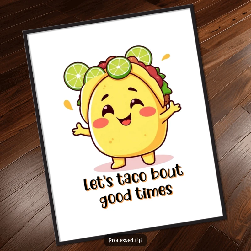 Funny Free Printable Wall Art: A cheerful taco character with a silly grin juggling lime wedges, full of zest!