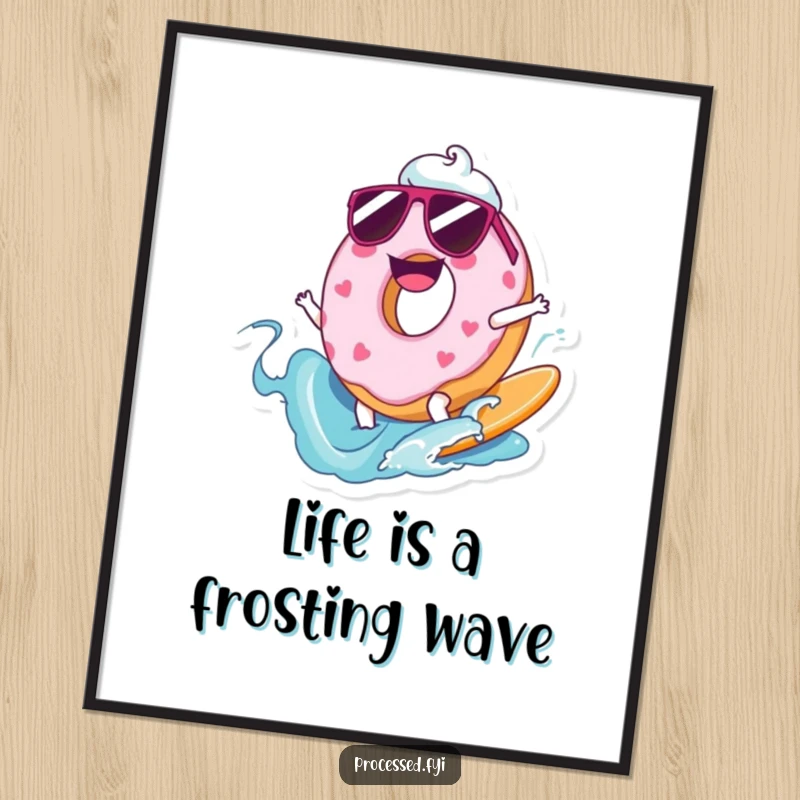 Funny Free Printable Wall Art: A joyfully cool donut wearing sunglasses surfs a vibrant wave of frosting.