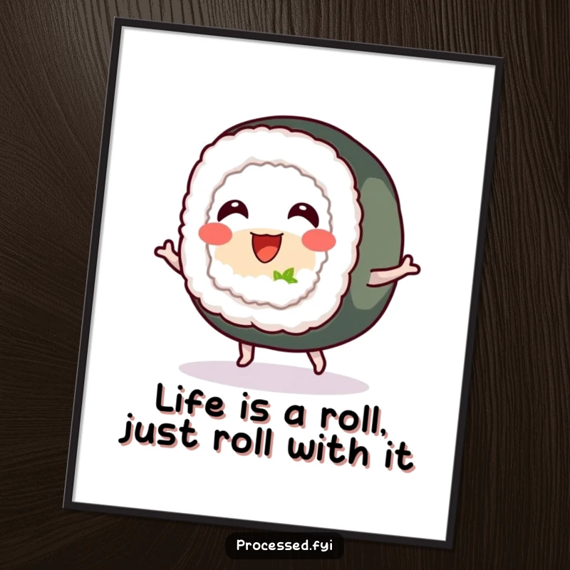 Funny Free Printable Wall Art: A cheerful sushi roll with tiny feet joyfully bouncing on a plain background.