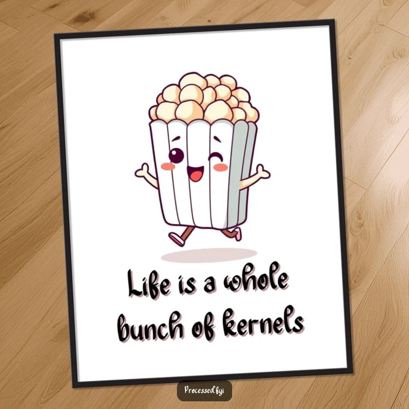Funny free printable wall art of a beaming popcorn bag doing an excited hop, adding a dash of fun to any wall.