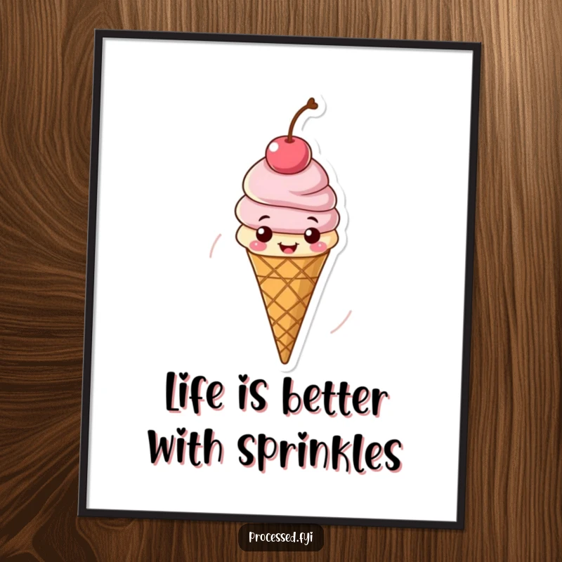 Funny Free Printable Wall Art of a cheerful ice cream cone with a cherry on top, spinning in delight.