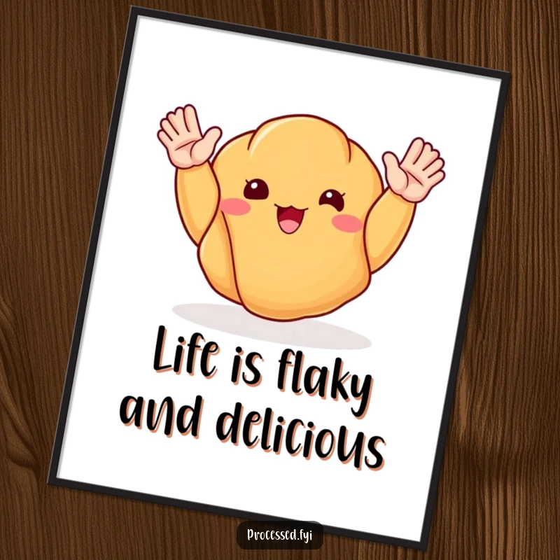 Funny Free Printable Wall Art of a smiling croissant with arms enthusiastically waving, ready to greet the day.