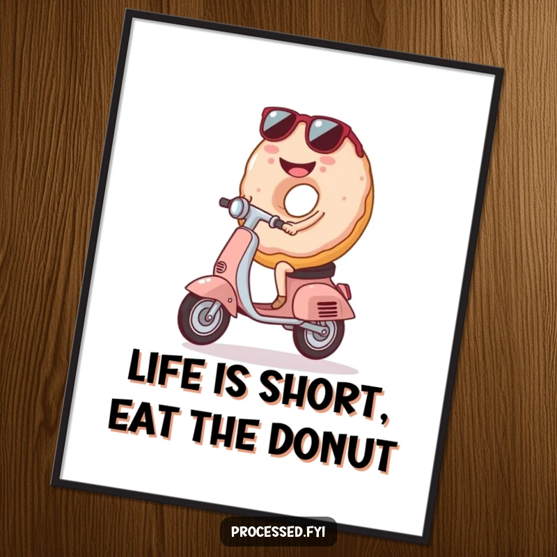 Funny Free Printable donut with sunglasses riding a tiny scooter, a stylish wall art.