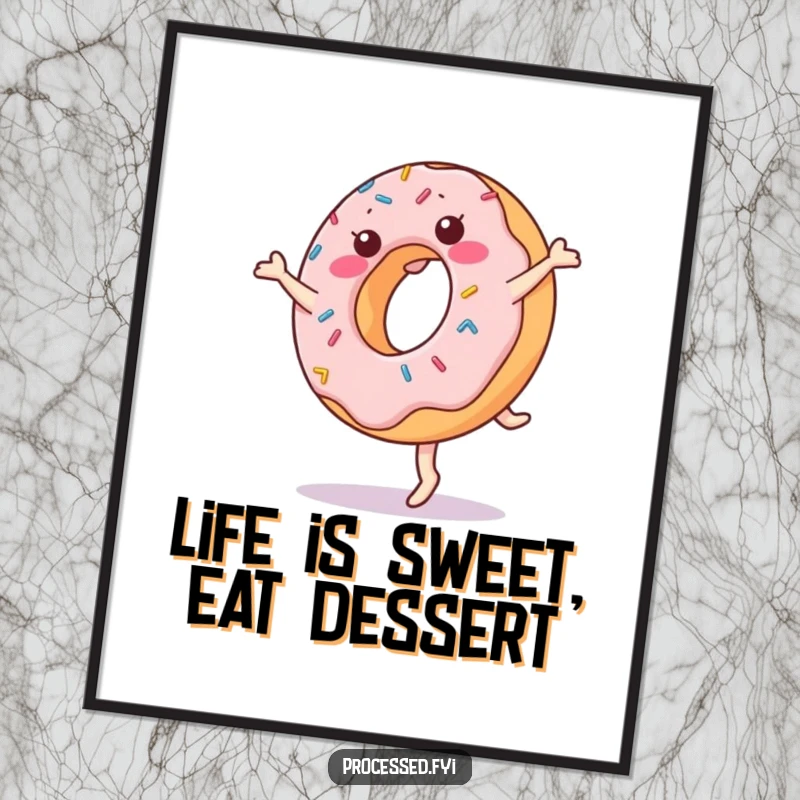Funny Free Printable Donut Wall Art: A cheerful donut with sprinkles dynamically performing a cartwheel, adding playful energy.