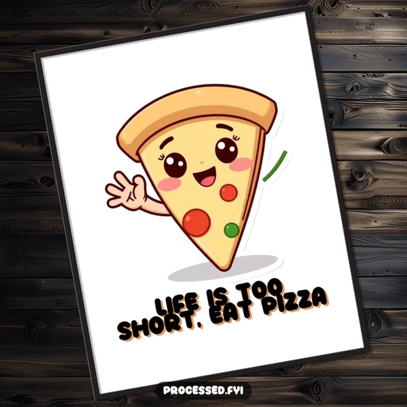 Funny Free Printable Wall Art featuring a happy, anthropomorphic pizza slice with googly eyes, waving its pepperoni hand.