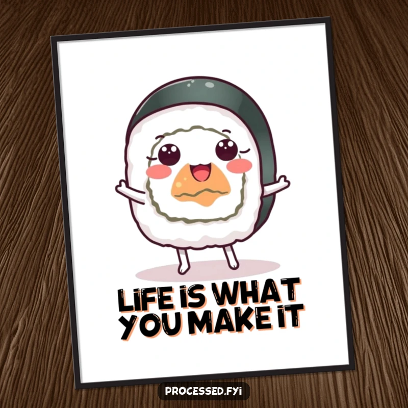 Funny Free Printable Wall Art: A cheerful sushi roll with wide eyes doing an energetic happy dance.