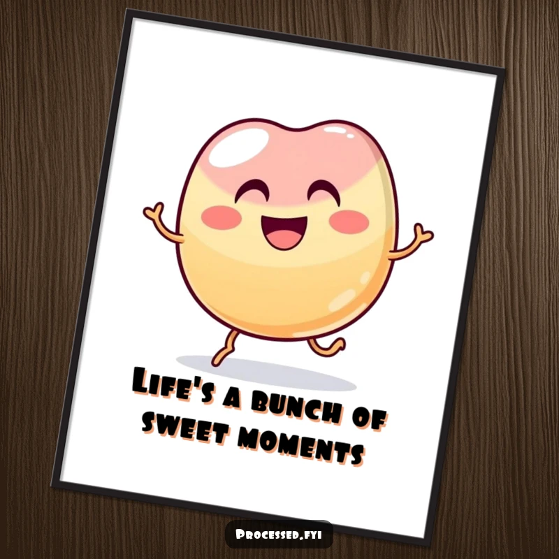 Funny Free Printable Wall Art: A wobbly jelly bean character with a wide grin doing a cheerful little hop.