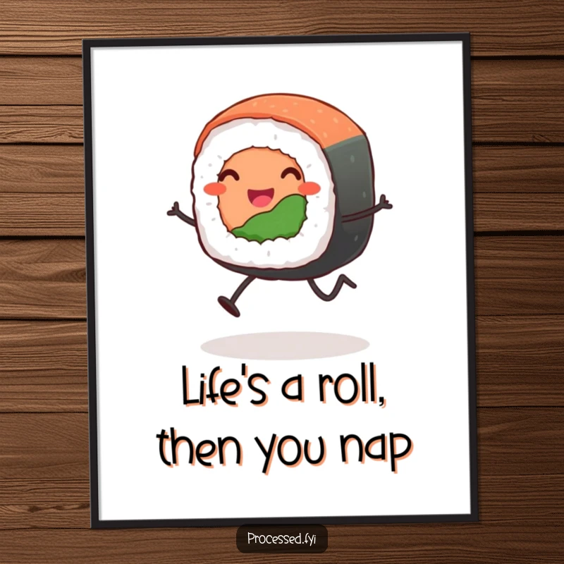 Funny Free Printable Sushi Wall Art: A smiling sushi roll with stick legs joyfully leaping, bringing quirky charm to any room.