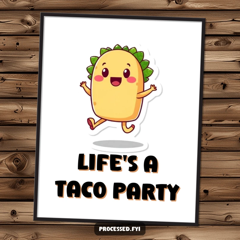 Funny Free Printable Wall Art: A smiling anthropomorphic taco with legs doing a joyful skip, perfect for whimsical decor.