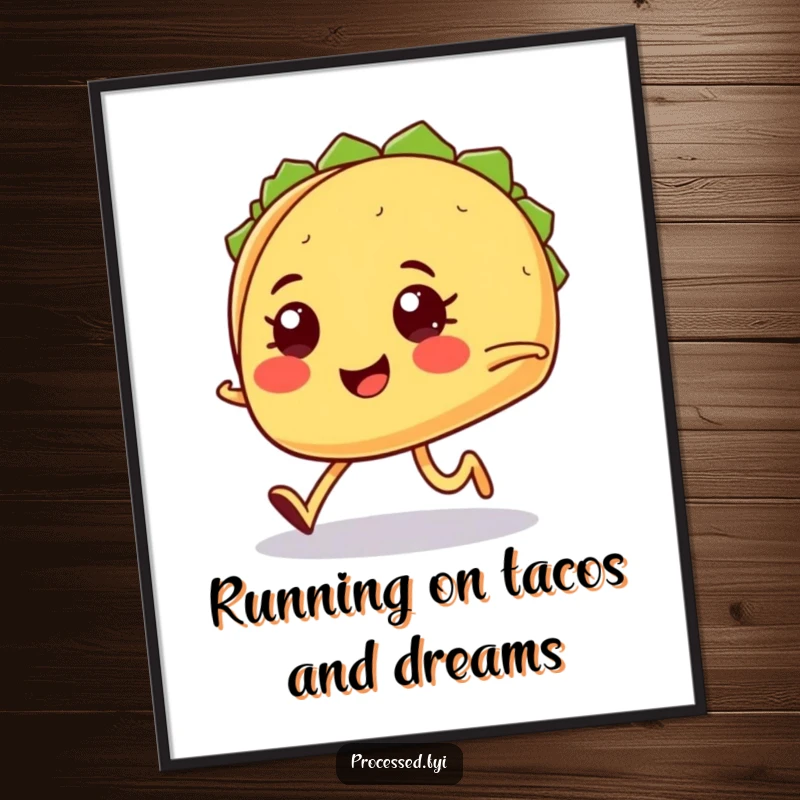 Funny Free Printable Wall Art: A smiling taco character with tiny legs jogging energetically with a determined expression.