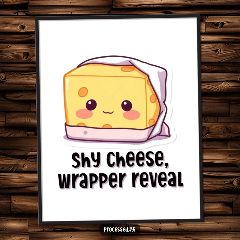 Funny Free Printable Wall Art: A blushing block of cheese with a shy smile, peeking from its wrapper, adding cute decor.