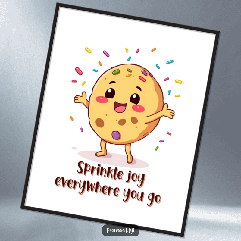 Funny Free Printable Wall Art: An excited cookie expertly juggling a cascade of colorful sprinkles. Playful downloadable art.