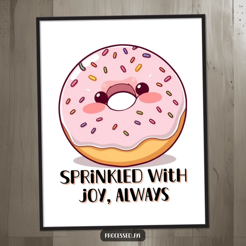 Funny Free Printable Wall Art: A plump, blushing donut with colorful sprinkles bouncing enthusiastically.
