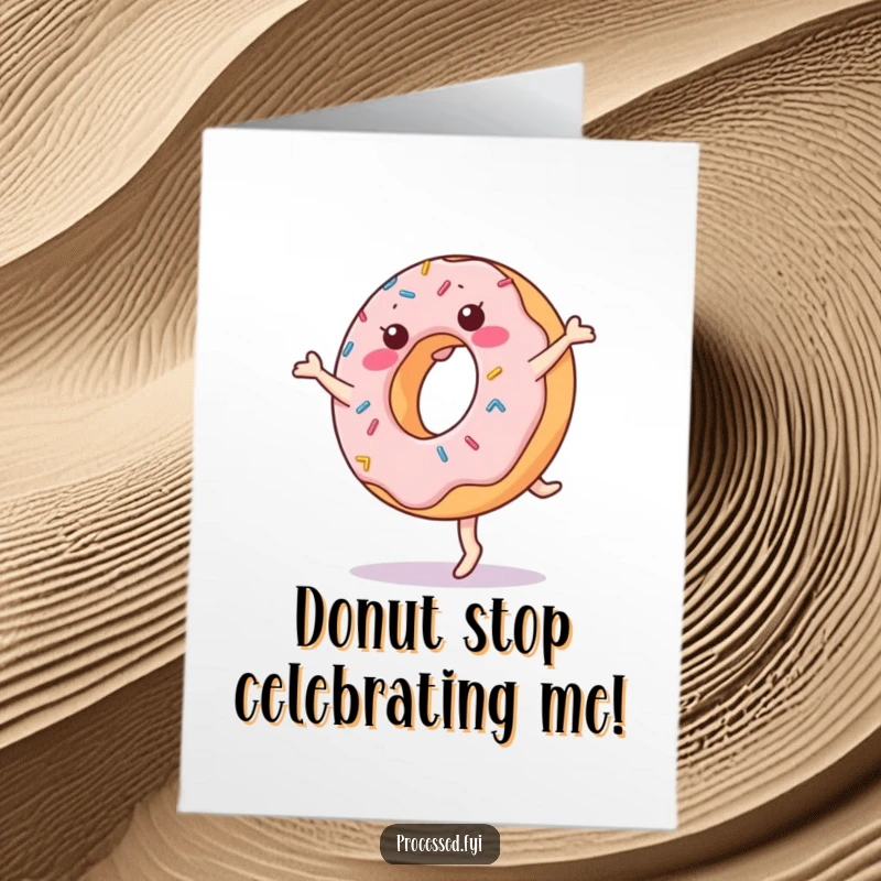 Funny Free Printable Donut Birthday Card: A cheerful donut with sprinkles performing a cartwheel, celebrating a special day.