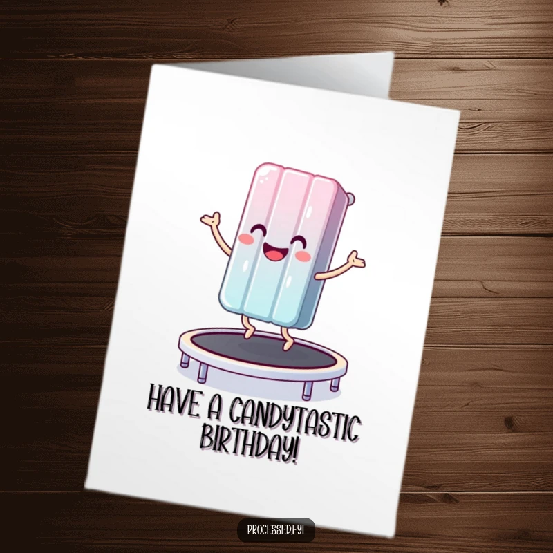 Funny Free Printable Birthday Card: A smiling candy bar gleefully bouncing high on a trampoline. Sweet downloadable birthday gift.