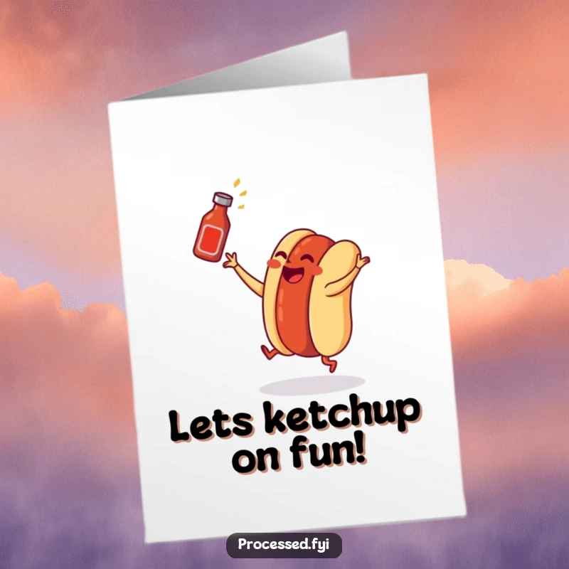 Funny Free Printable Birthday Card: A dancing hot dog in a bun tossing a tiny ketchup bottle with excitement.