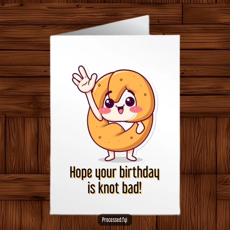 Funny free printable birthday card featuring an anthropomorphic pretzel giving a cheerful, jaunty wave, radiating excitement.