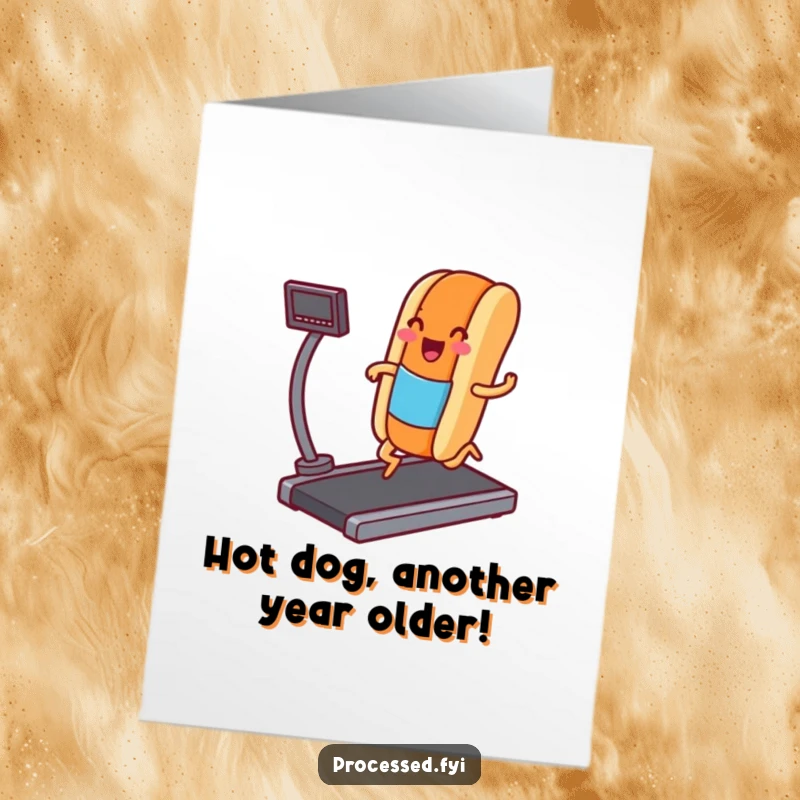 Funny Free Printable Birthday Card: Hot dog with legs jogging on treadmill, smiling widely, celebrating joyfully.