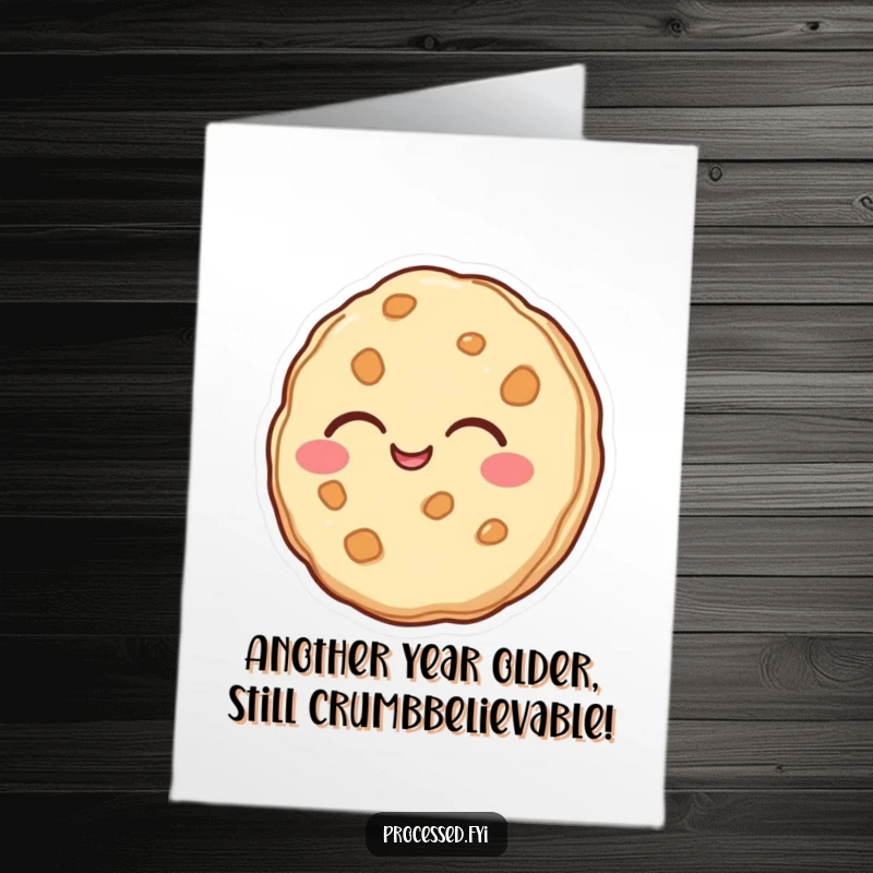 Funny free printable birthday card of a happy cookie with eyes closed, laughing uncontrollably, ready to spread joy.