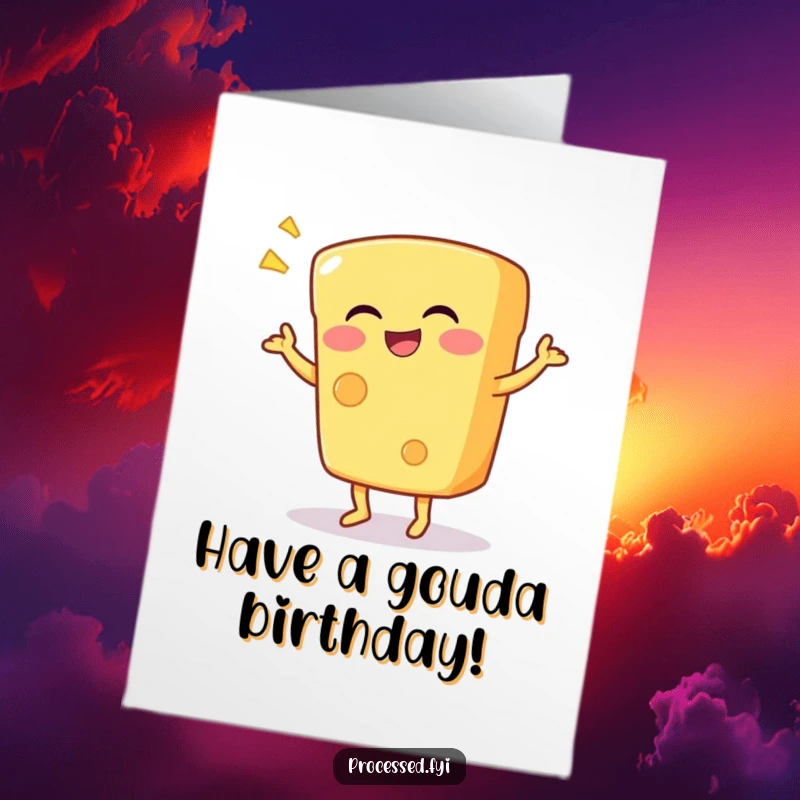 Funny Free Printable Birthday Card: A giggling block of cheese doing a silly, joyful dance. Deliciously funny downloadable gift.