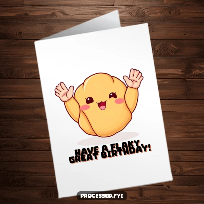 Funny Free Printable Birthday Card featuring a happy, anthropomorphic croissant with arms waving enthusiastically hello.