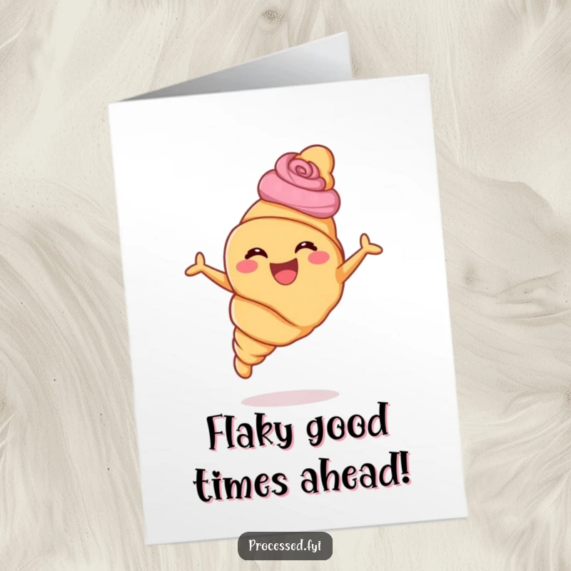 Funny Free Printable Birthday Card: A happy croissant with pastry swirls leaping with joy, ready to celebrate.