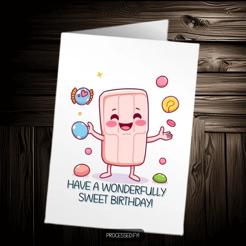 Funny free printable birthday card showing a smiling candy bar expertly juggling small candies, full of festive energy.