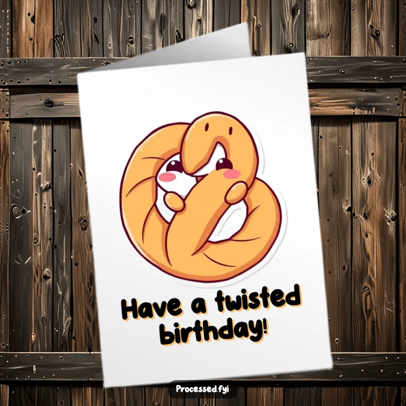 Funny Free Printable Birthday Card: An anthropomorphic pretzel twisting playfully with a smiling face.