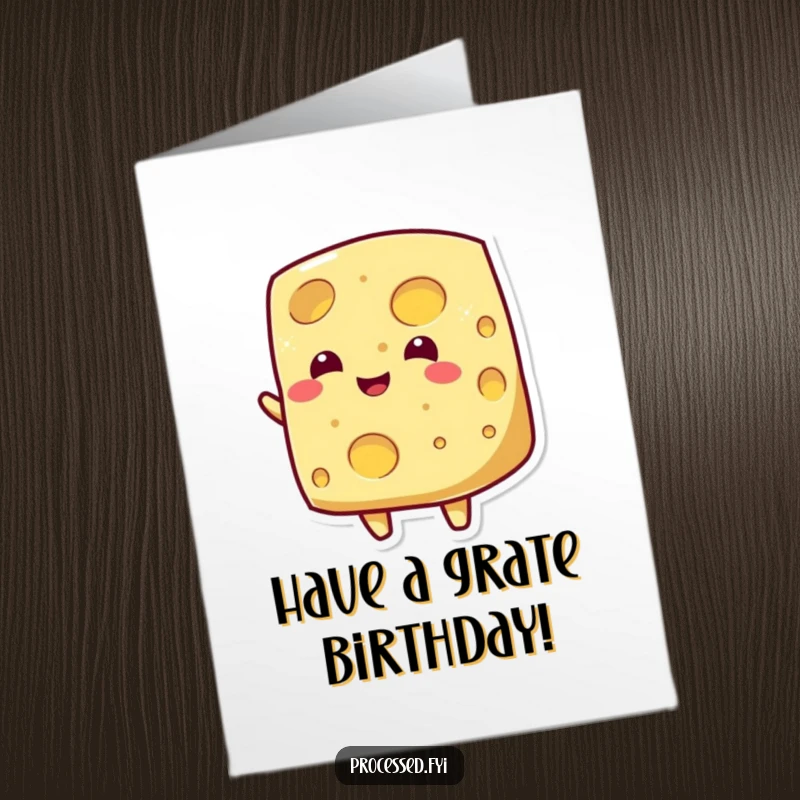 Funny Free Printable Cheese Birthday Card: Beaming cheese with holes wiggling its body, celebrating a gouda birthday.