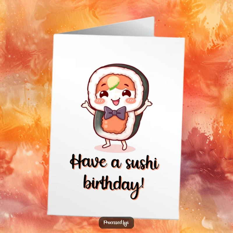 Funny Free Printable Birthday Card: A happy sushi roll character in a bow tie doing a little dance, celebrating joyfully.