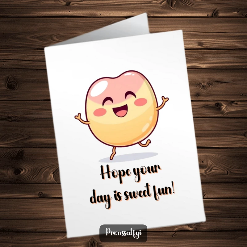 Funny Free Printable Birthday Card: A wobbly jelly bean with a wide grin doing a little happy hop.