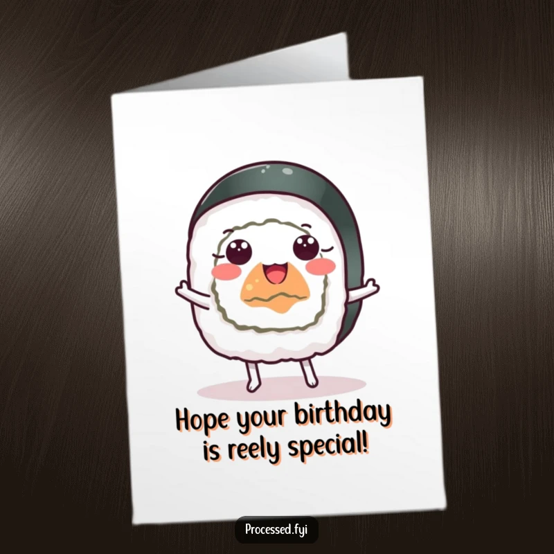 Funny Free Printable Birthday Card: A cheerful sushi roll with wide eyes doing a happy dance, celebrating joyfully.