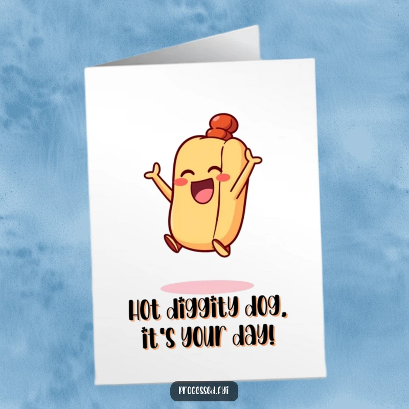 Funny Free Printable Birthday Card: An excited hot dog with its bun, doing a happy little jump in the air.