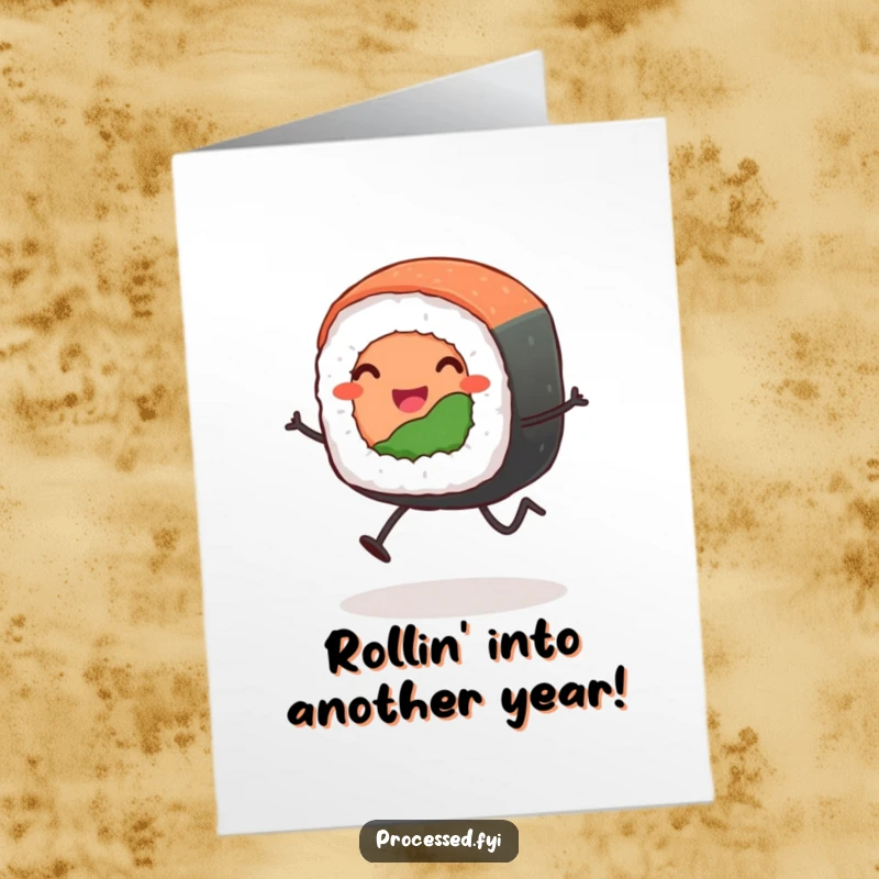 Funny Free Printable Sushi Birthday Card: A grinning sushi roll with stick legs joyfully leaping, ready to celebrate!