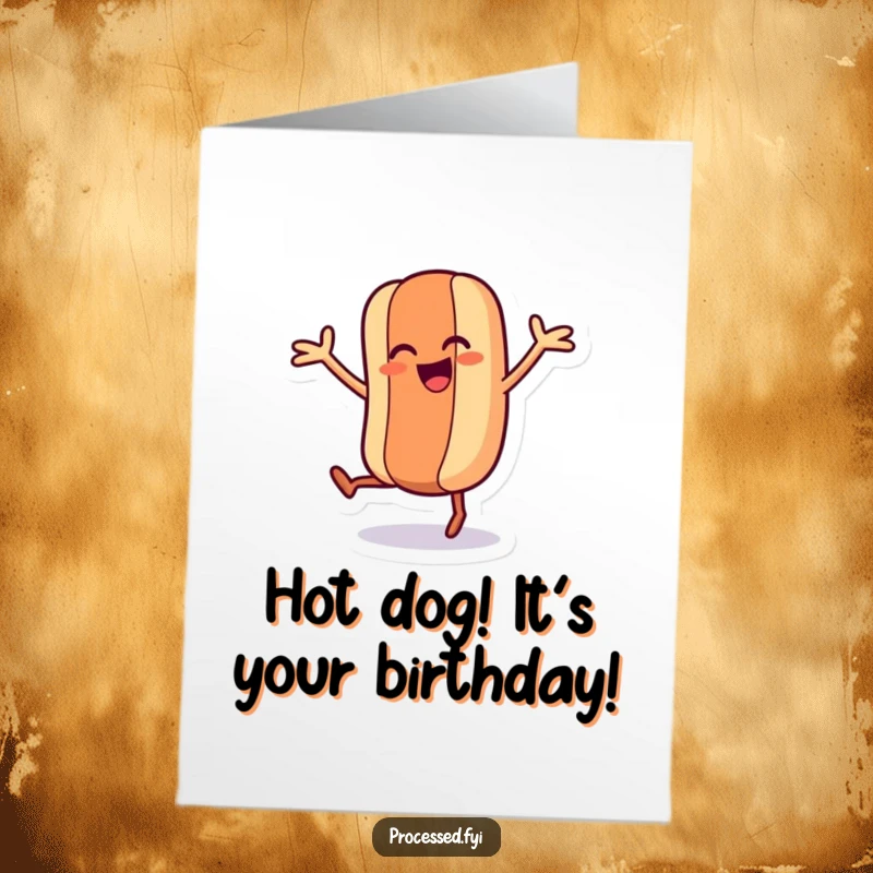 Funny Free Printable Birthday Card: A hot dog character dances with wiggling legs and arms.
