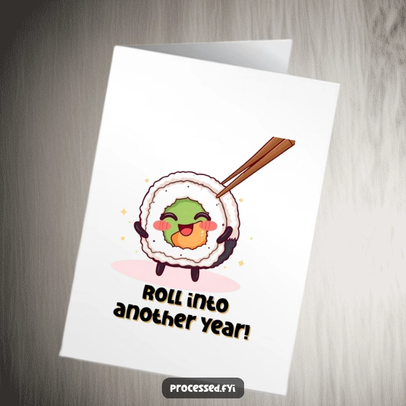 Funny Free Printable Birthday Card: Smiling sushi roll character spinning with chopsticks, ready to party!