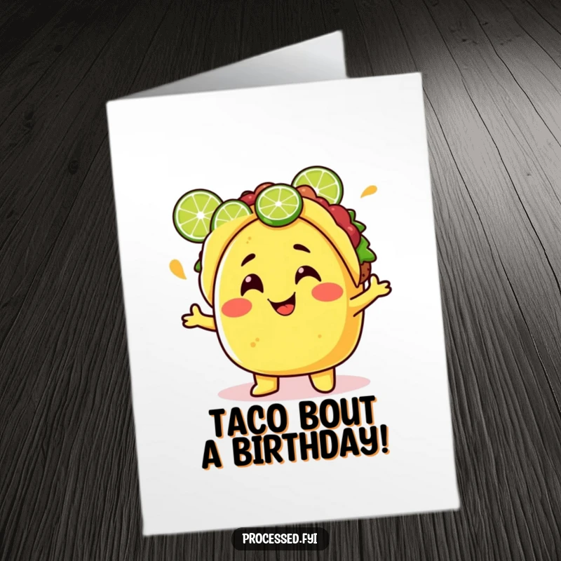 Funny Free Printable Birthday Card: Cheerful taco character with a silly grin juggling lime wedges at a party!
