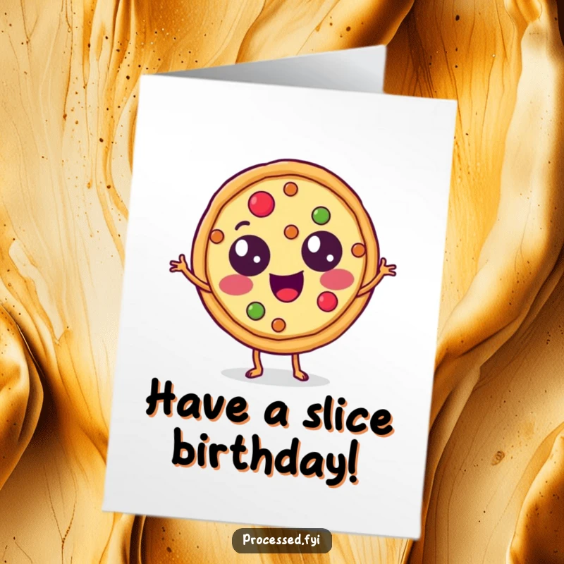 Funny Free Printable Birthday Card: A smiling pizza slice with topping eyes doing a happy jig for the birthday person.
