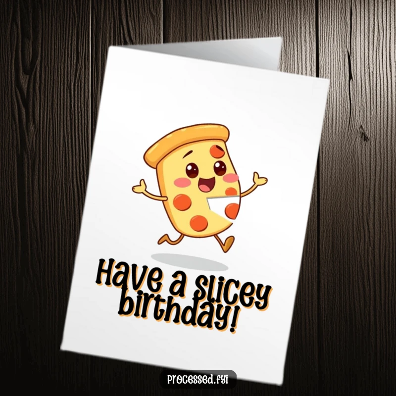 Funny Free Printable Birthday Card: Hopping pizza slice with a missing piece, looking excited for cake!