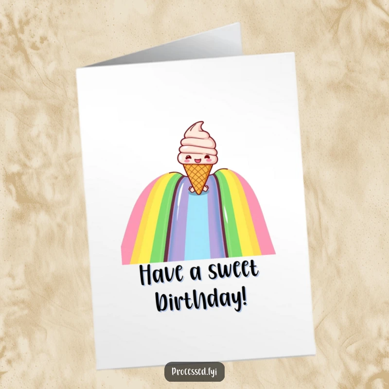 Funny Free Printable Birthday Card: A joyful ice cream cone happily sliding down a vibrant rainbow slide.