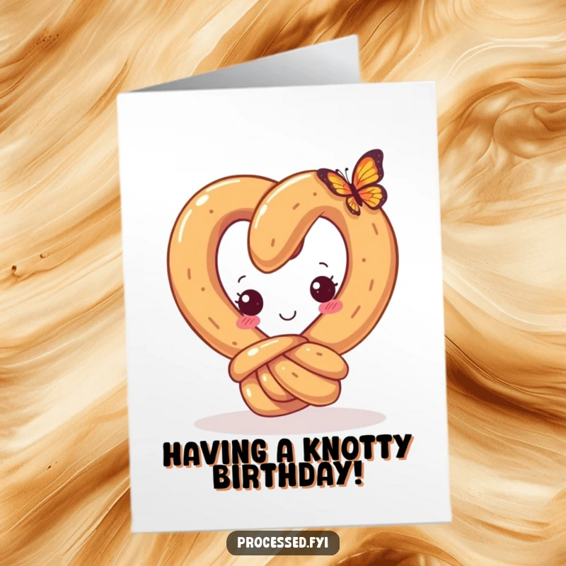 Funny Free Printable Birthday Card: A curious pretzel with a happy knot looks at a small butterfly.